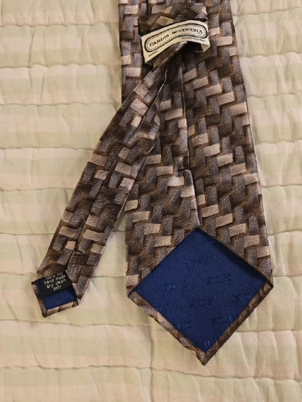 CARLOS DeVENEZIA Silk Handmade Brown Geometric Pattern Men's Tie 59 Inches Long